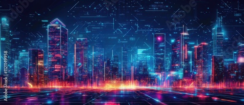 Wallpaper Mural Futuristic Cityscape: Neon Lights and Digital Data Streams Illuminate Modern Metropolis Torontodigital.ca