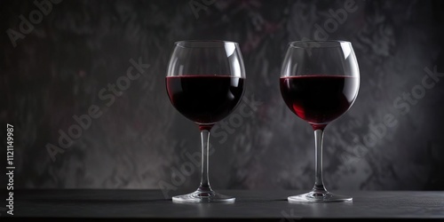 A single glass filled with dark red wine placed against the stark backdrop of a matte black wall, stark, simplicity, glass