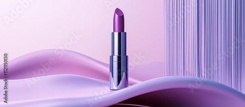 Chic violet lipstick on a sculptural podium with a soft gradient purple backdrop, reflecting minimalism.