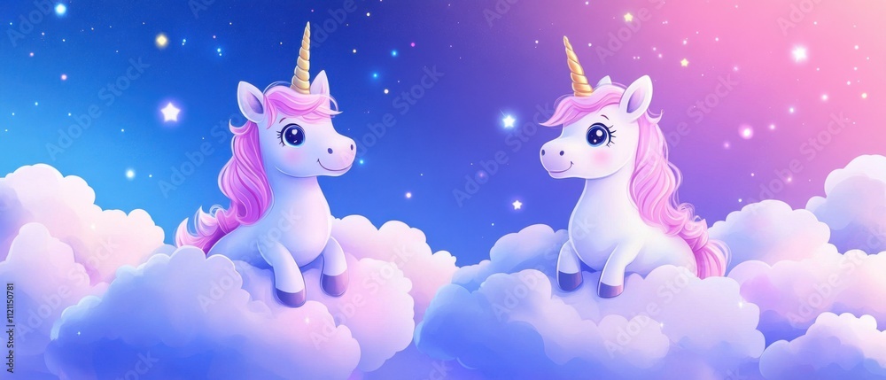Fototapeta premium Two Adorable Unicorns Sitting on Clouds Under a Starry Night Sky