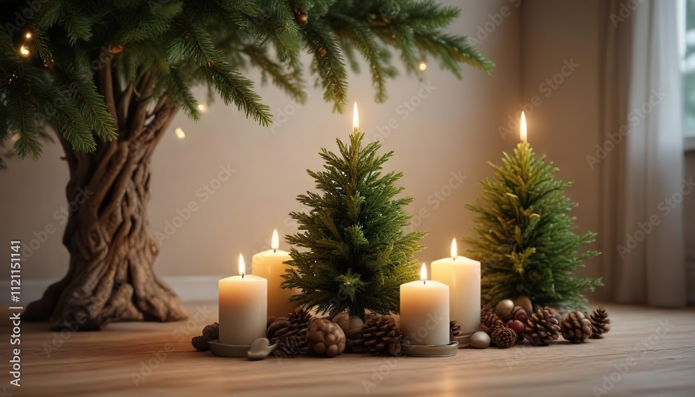 Evergreen fir Christmas tree with candles on branches , candle decorated, holiday decoration Evergreen fir Christmas tree with candles on branches , candle decorated, holiday decoration