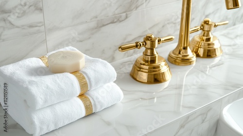 Luxury Bathroom Spa Gold Faucets, Marble, White Towels, Soap photo