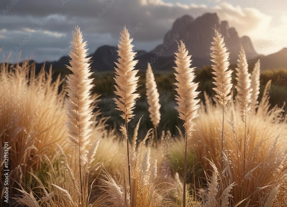 Soft light falls on Pampas grass in a field with dry reeds and fluffy stems of tall grass, winter grasses, Soft light falls on Pampas grass in a field with dry reeds and fluffy stems of tall grass, winter grasses,