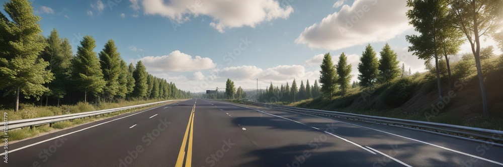 Wide-angle shot of a highway with trees on both sides, asphalt, road