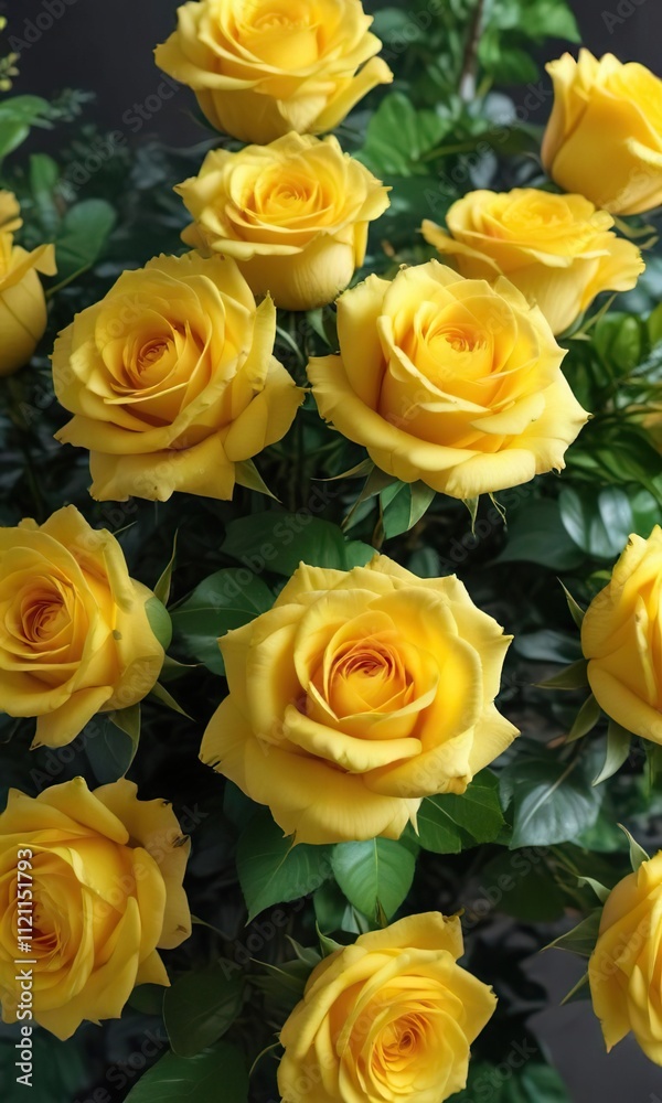 A lush bouquet of fresh yellow roses with green foliage , fresh, blooms, green A lush bouquet of fresh yellow roses with green foliage , fresh, blooms, green