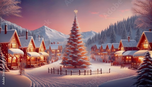 Cozy Winter Village Landscape with Snow-Covered Houses photo