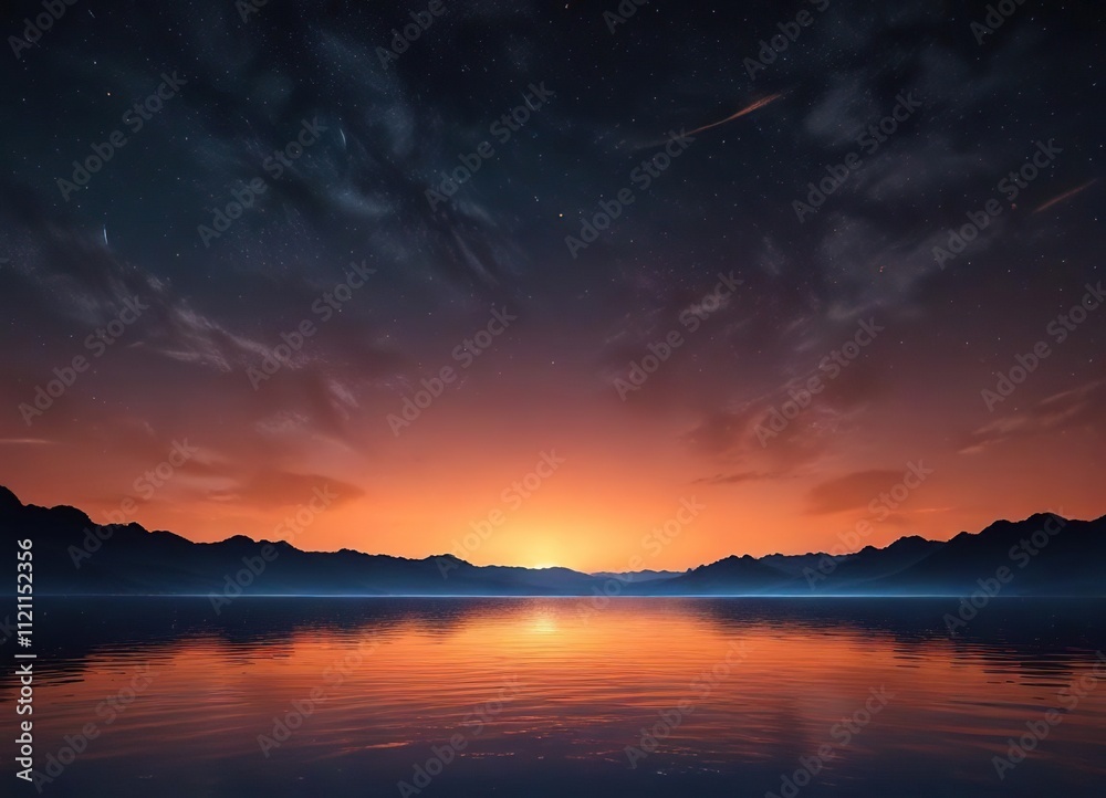 Gradient transition from deep blues to vibrant oranges at the horizon with a subtle starry night sky effect, sunset sky, artistic rendering Gradient transition from deep blues to vibrant oranges at the horizon with a subtle starry night sky effect, sunset sky, artistic rendering