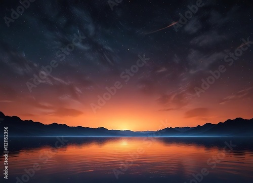 Gradient transition from deep blues to vibrant oranges at the horizon with a subtle starry night sky effect, sunset sky, artistic rendering