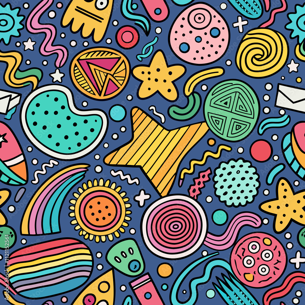 Colorful doodle pattern with stars, rainbows, and quirky shapes on a dark blue background. Colorful doodle pattern with stars, rainbows, and quirky shapes on a dark blue background.