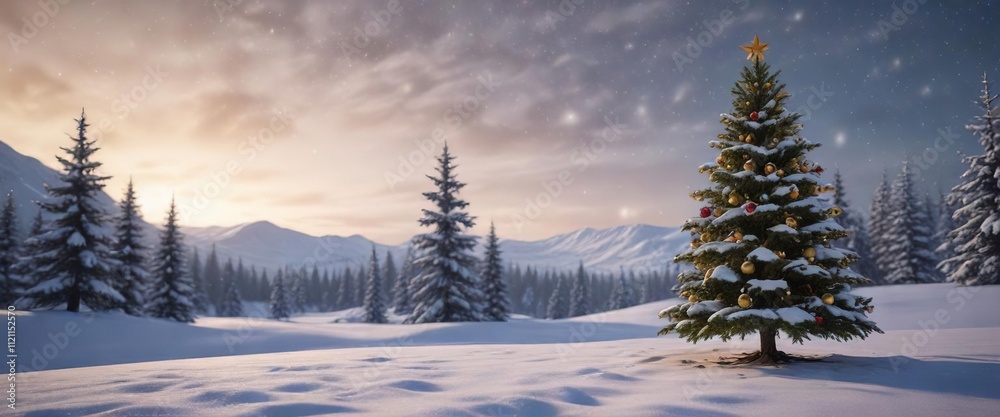 A Christbaum (Christmas tree) decorated with stars and ornaments in a snow-covered landscape, winter wonderland, snow covered landscape, snowflakes A Christbaum (Christmas tree) decorated with stars and ornaments in a snow-covered landscape, winter wonderland, snow covered landscape, snowflakes