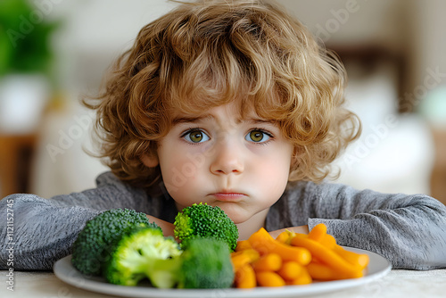 the child refuses to eat vegetables broccoli and carrots photo