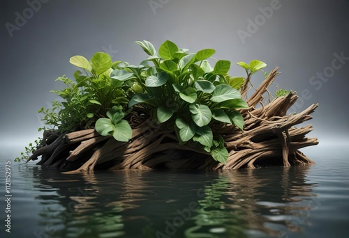 Small Anubias barteri var nana in water with other aquatic plants and driftwood, aquascaping, Anubias barteri var nana, photo