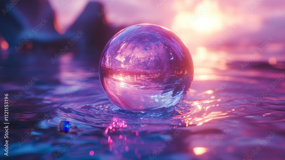 Enchanting Crystal Sphere Reflecting Vibrant Sunset Over Tranquil Ocean Waters with Dreamy Pink and Purple Hues Enchanting Crystal Sphere Reflecting Vibrant Sunset Over Tranquil Ocean Waters with Dreamy Pink and Purple Hues