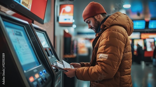 Man using selfservice kiosk, digital terminal, travel station