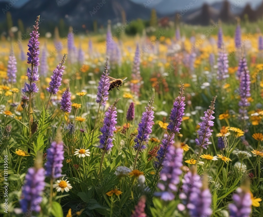 Obraz premium A single bee flies through a field of blooming wildflowers, bees, black-eyed susans
