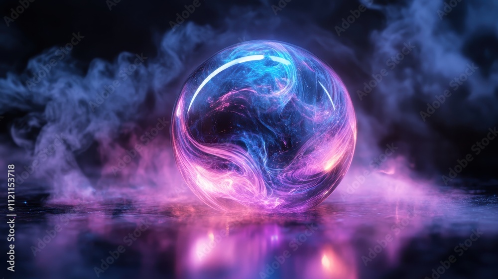 Fototapeta premium Mystical Glowing Orb with Colorful Swirls and Smoke on a Reflective Surface in a Dark Atmospheric Setting