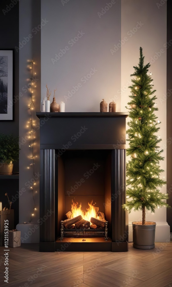 A modern metal fireplace with a small Christmas tree and fairy lights, snowflakes, icicles, fairy lights
