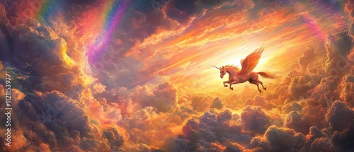 Majestic winged unicorn soaring through vibrant sunset cloudscape photo