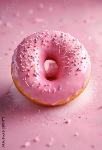 A single pink donut bathed in soft natural light, with delicate frosting and sprinkles, dessert, frosted indulgence, bakery