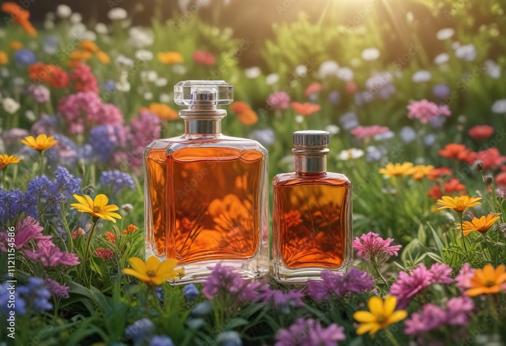 Perfume Bottle Amongst a Garden of Wildflowers , beauty, peaceful Perfume Bottle Amongst a Garden of Wildflowers , beauty, peaceful