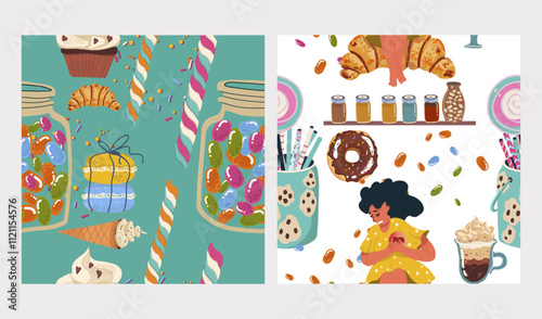 Set of seamless patterns, sugar addiction, desserts, sweets, hand drawn, baking, birthday, vector.