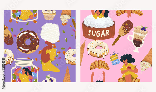 Set of seamless patterns, sugar addiction, desserts, sweets, hand drawn, baking, birthday, vector.