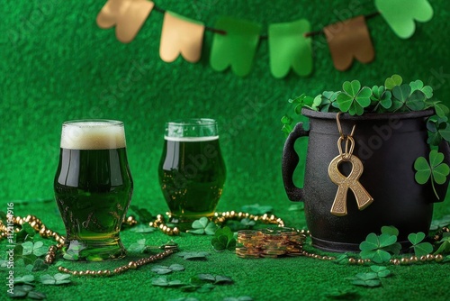 Leprechaun day motif: side view photo of beer vessels- shamrock plants- gold currency- pot of fortune- lucky horseshoe- beads- and flag ribbon on a verdant field photo