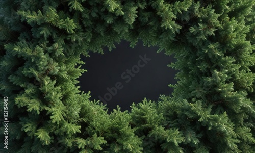 Dense evergreen branches forming a triangular shape with a rounded top, tree, greenery photo