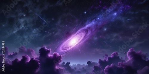 Doodle cosmos with swirling clouds of gas and dust in shades of indigo and purple against a dark blue background with twinkling stars , swirling clouds, galactic, indigo