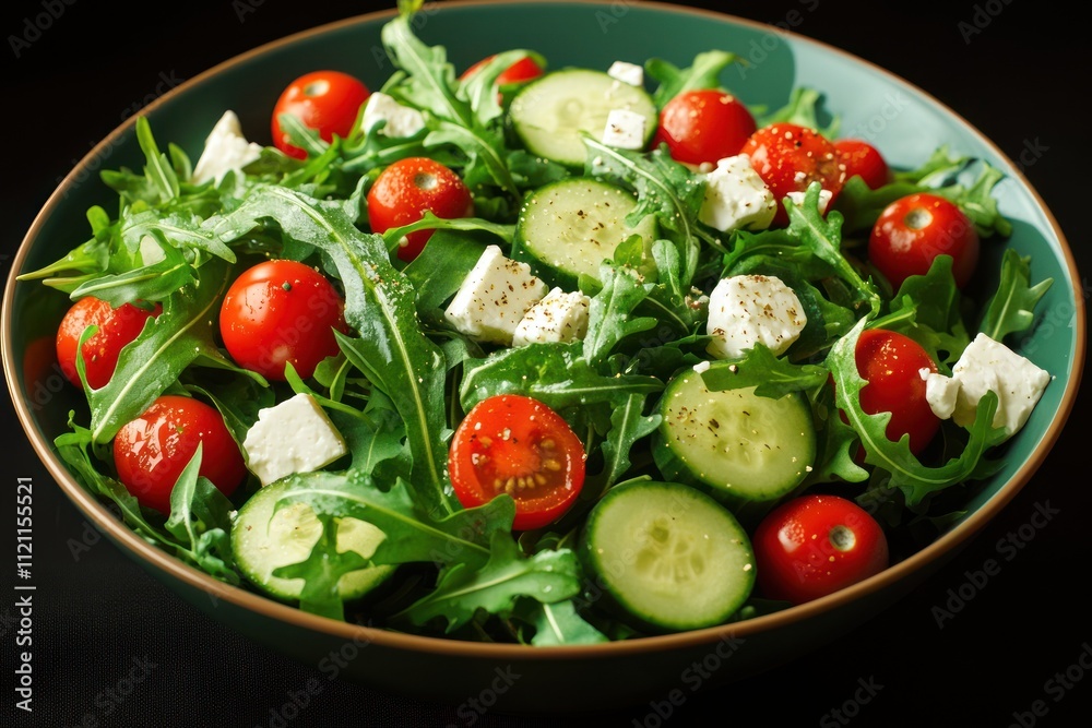 A vibrant salad featuring arugula, cherry tomatoes, cucumbers, and feta cheese. A vibrant salad featuring arugula, cherry tomatoes, cucumbers, and feta cheese.