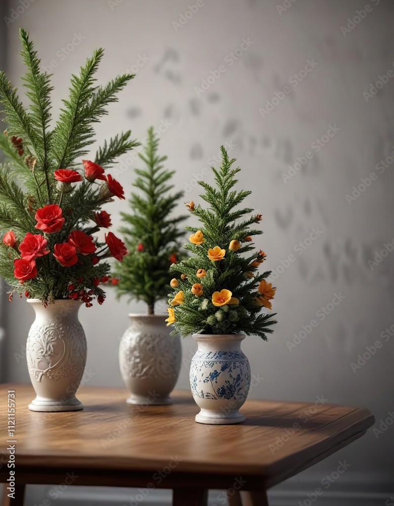 A small Christmas tree on a table with decorative vases and flowers, festive, vase A small Christmas tree on a table with decorative vases and flowers, festive, vase