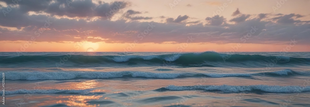 Soft orange and peach tones blending into a serene blue above the waves of the sea, natural, sunset Soft orange and peach tones blending into a serene blue above the waves of the sea, natural, sunset