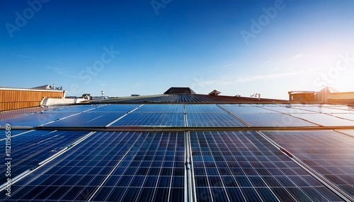 Un toit urbain couvert de panneaux solaires, reflétant la lumière dans un ciel bleu clair. photo