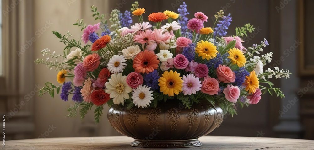 Fototapeta premium A beautiful bouquet of mixed flowers in a decorative vase, artistic, creative