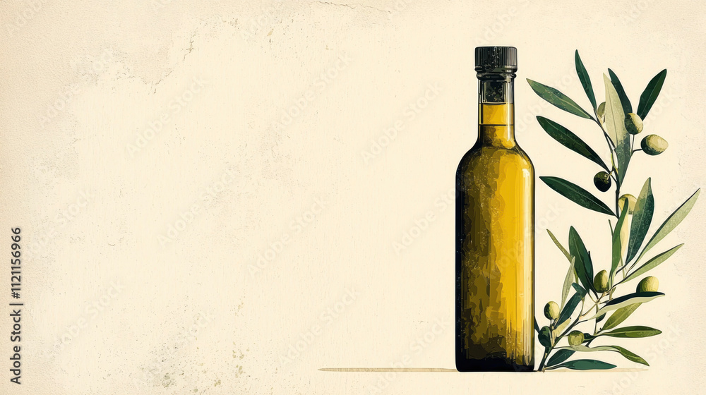 A minimalist olive oil bottle stands elegantly beside fresh olive branches on a light textured background, evoking a sense of simplicity and natural beauty A minimalist olive oil bottle stands elegantly beside fresh olive branches on a light textured background, evoking a sense of simplicity and natural beauty