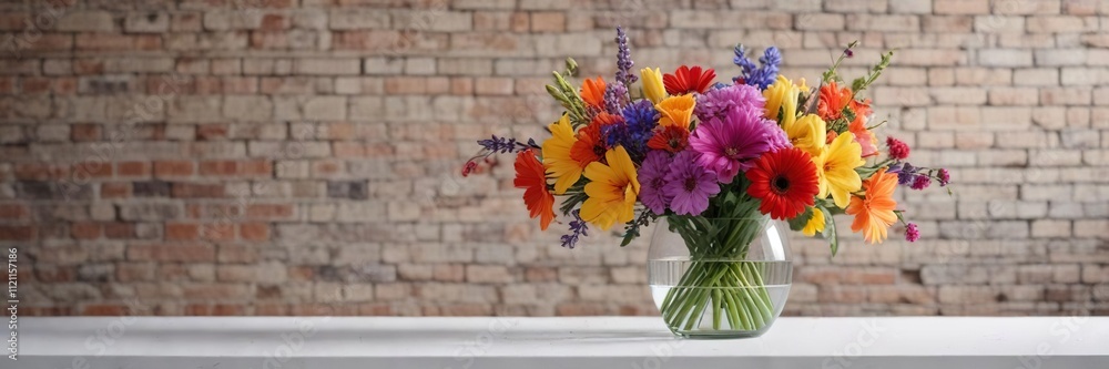 custom made wallpaper toronto digitalA mix of colorful flowers arranged in a glass vase placed on a white table with a brick wall as background, home decor , color