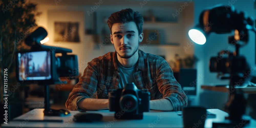 Young Content Creator Recording Video Blog at Home Studio, Night Filming, Professional Vlogging Setup, Camera and Lights Young Content Creator Recording Video Blog at Home Studio, Night Filming, Professional Vlogging Setup, Camera and Lights