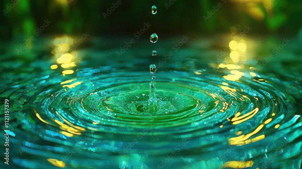 Water droplets creating ripples on a serene surface, vibrant green background. Water droplets creating ripples on a serene surface, vibrant green background.