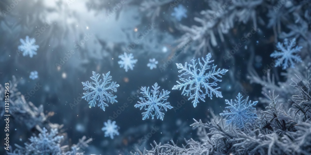 Soft blue snowflakes swirling in a frosty air, frozen world, delicate flakes Soft blue snowflakes swirling in a frosty air, frozen world, delicate flakes