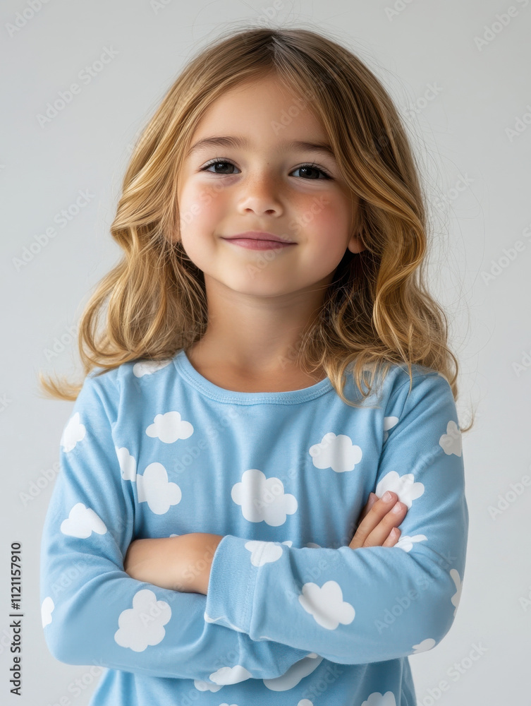 cheerful girl in pastel blue pajamas with cloud patterns, smiling happily cheerful girl in pastel blue pajamas with cloud patterns, smiling happily