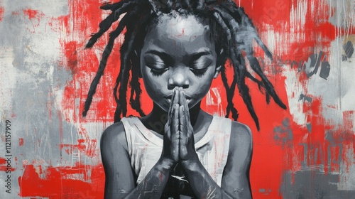 A grayscale portrait of a young girl with dreadlocks, hands clasped in prayer, set against a vibrant red and gray abstract background.