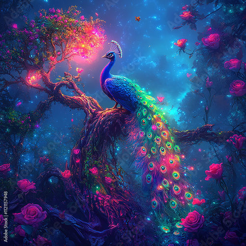 A vibrant peacock surrounded by colorful roses on a glowing tree in a magical forest.

