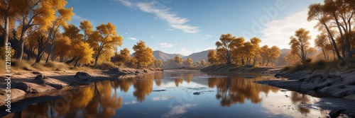 Clear blue sky reflects off the calm surface of a river as it winds its way through a rolling brown-tinged landscape with scattered trees, river, nature, clear sky