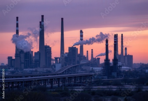 Industrial Plant at Sunset: Smoke Stacks and Pollution 