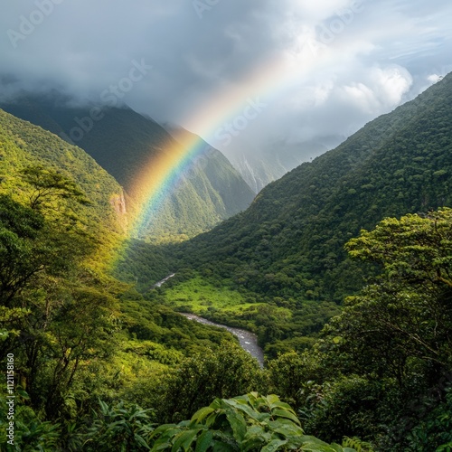 Rainbow over a lush valley
