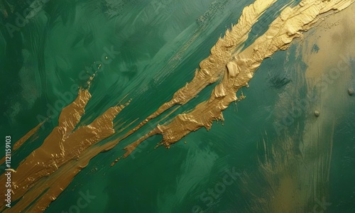 Green and gold textured paint with layered colors, emotive, organic forms photo