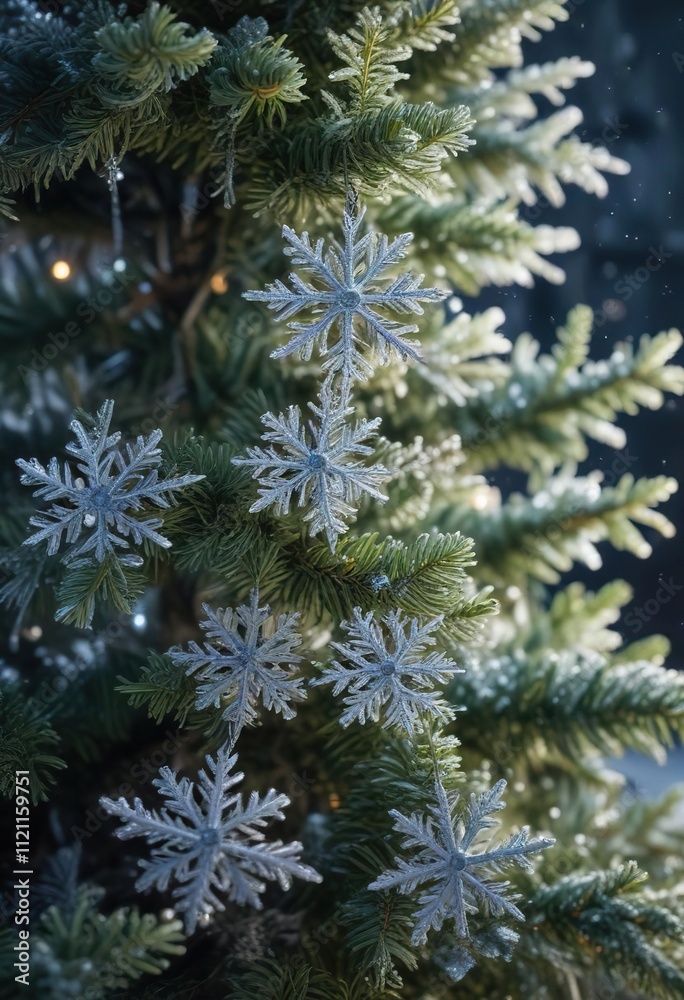 A group of snowflakes gently falling on a frozen Christmas tree, winter wonderland scene, frozen christmas tree, cold climate A group of snowflakes gently falling on a frozen Christmas tree, winter wonderland scene, frozen christmas tree, cold climate