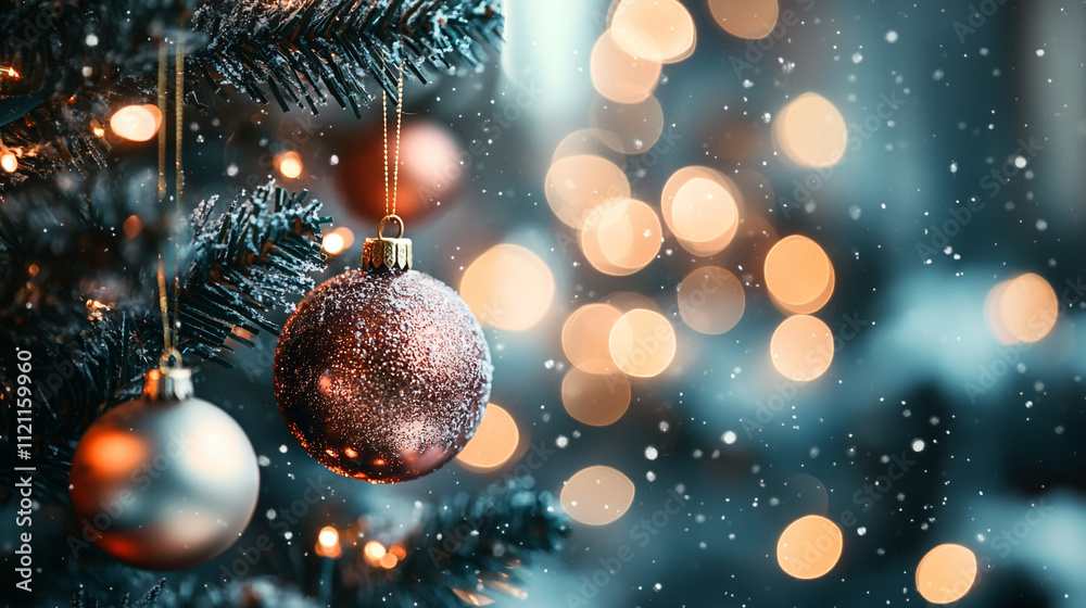 Beautiful Christmas tree decorations with shimmering ornaments and soft bokeh lights Beautiful Christmas tree decorations with shimmering ornaments and soft bokeh lights