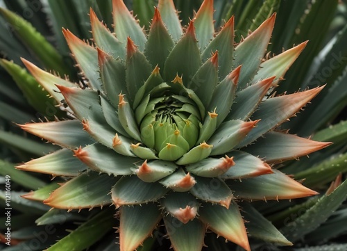 Aloe aristata rosette with buds emerging from the center of the leaves, succulent plant development, desert succulent