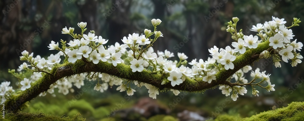 Moss-covered branch with delicate white blooms, forest path, natural landscape, foliage Moss-covered branch with delicate white blooms, forest path, natural landscape, foliage